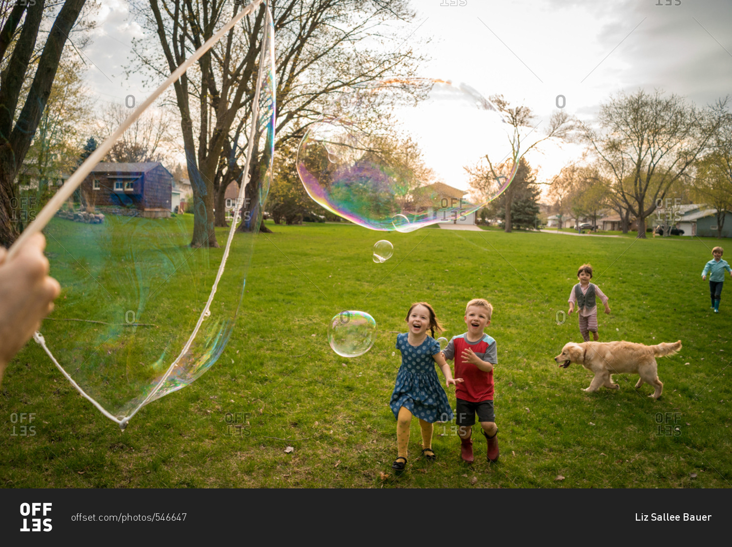 Young children playing with giant bubbles on a summer evening