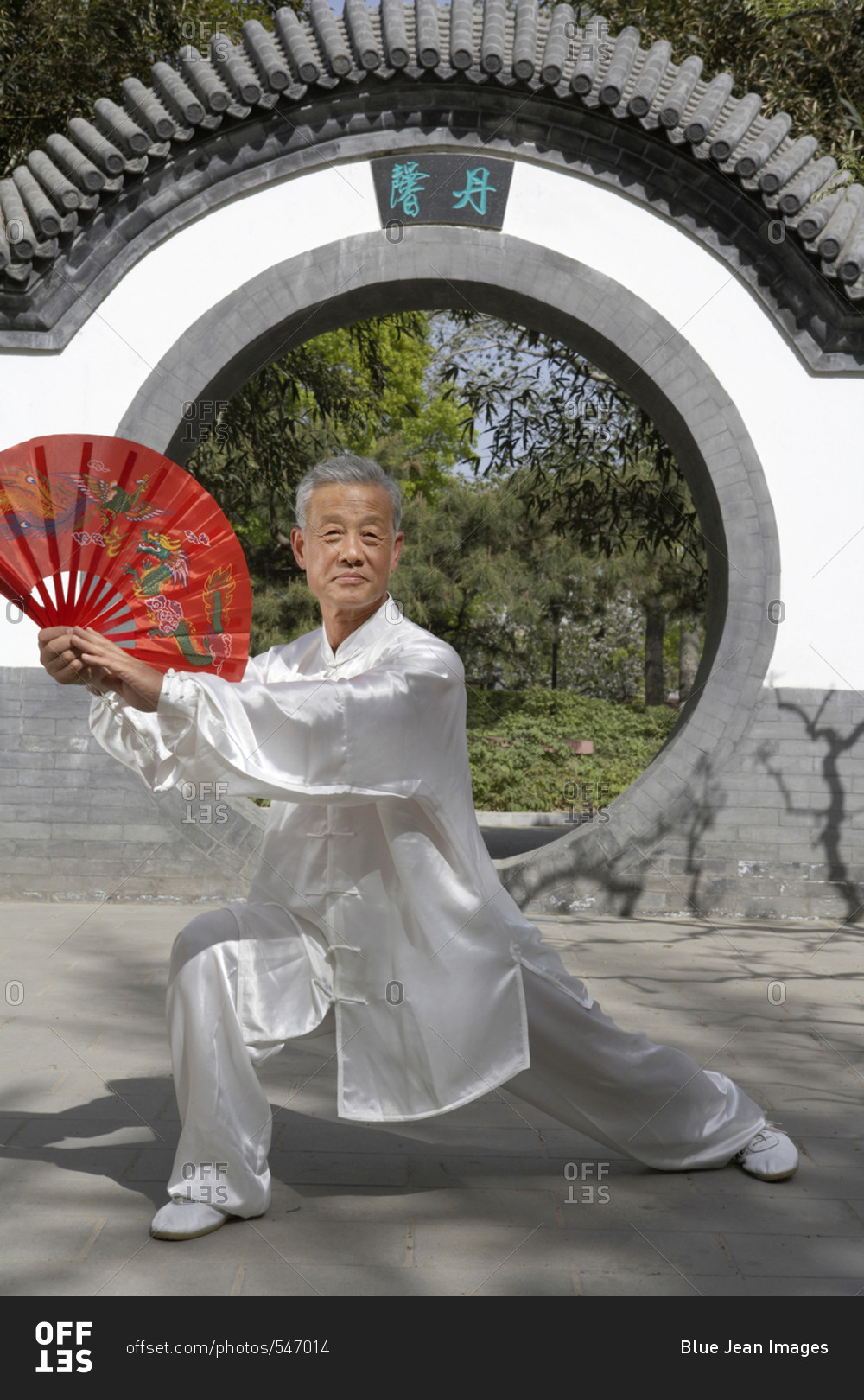 Elderly Man Practicing Martial Arts With A Fan