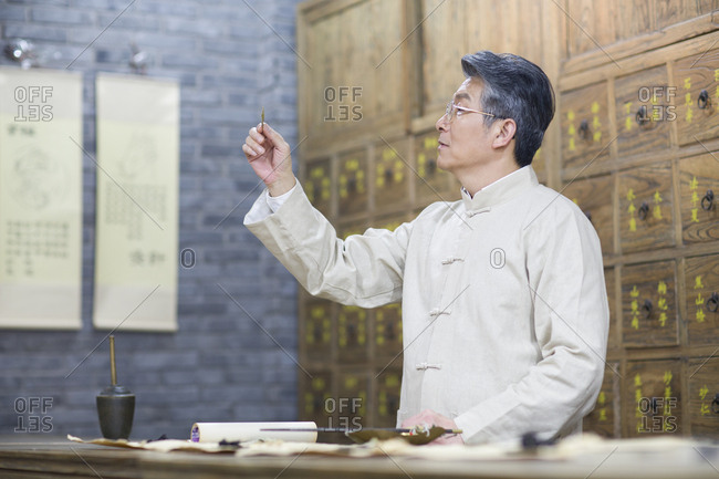Senior Chinese doctor checking medicinal herbs