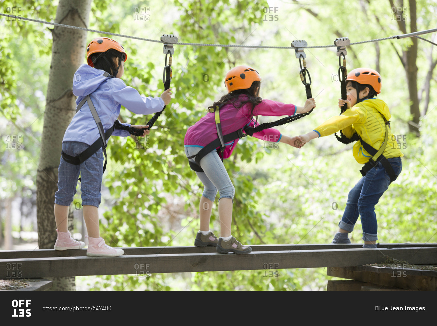 Happy children playing in tree top adventure park