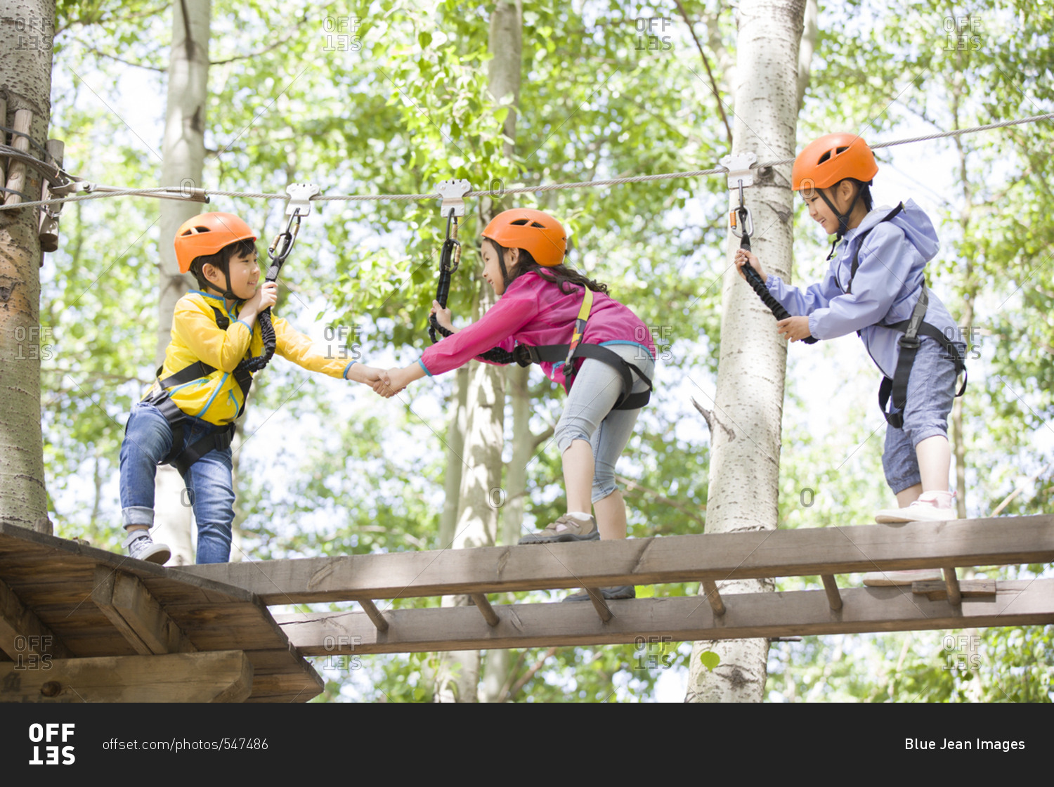 Happy children playing in tree top adventure park