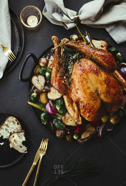 Roasted turkey served on a table