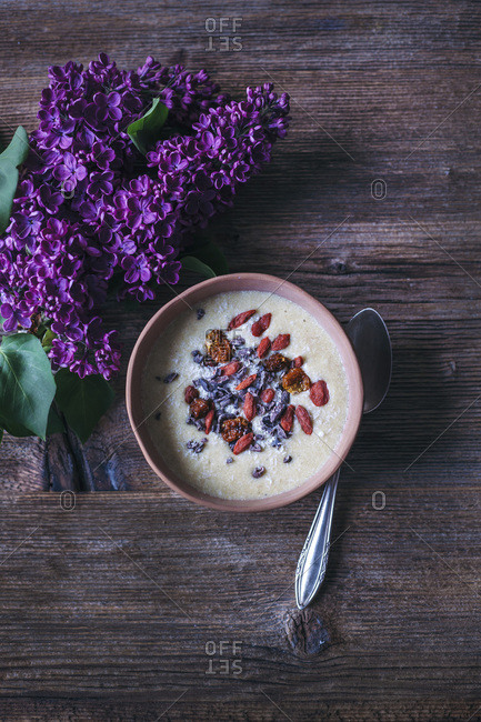 Banana coconut smoothie bowl topped with coconut, cacao nibs, goji berries and inka berries