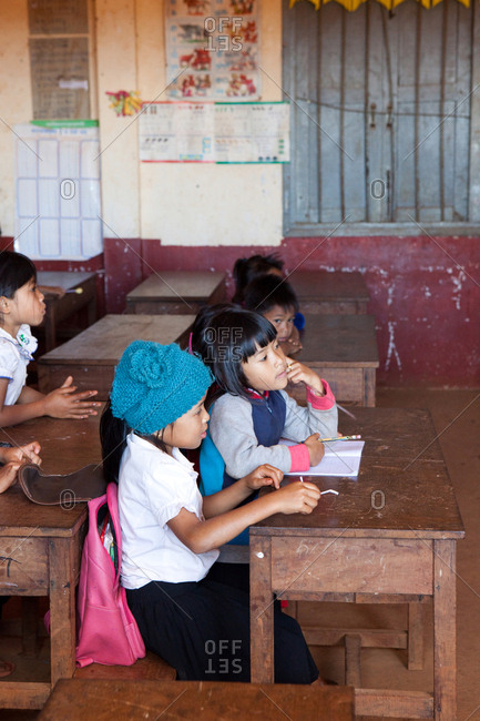 Sen Monorom, Mondulkiri, Cambodia - January 25, 2017: Cambodian girls learning at school