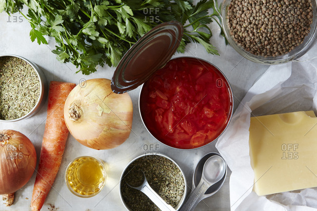 Arrangement of ingredients for lentil soup