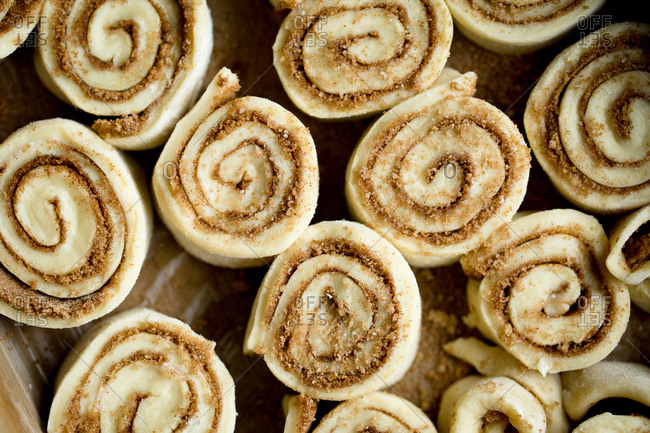 Raw cinnamon rolls in close up