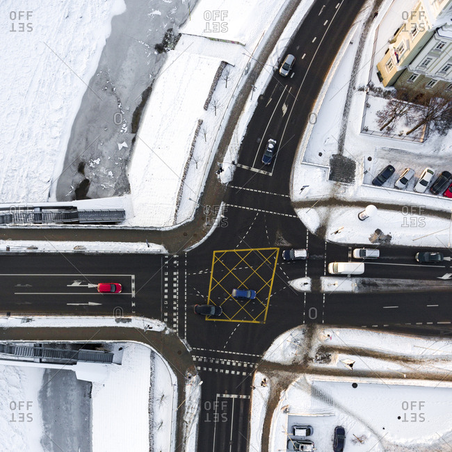 Aerial view of intersection in Vilnius, Lithuania in wintertime