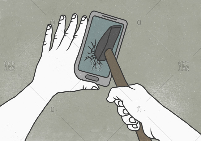 Illustration of cropped image of person breaking smart phone with hammer