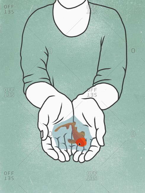 Illustration of person holding fish in hands against colored background