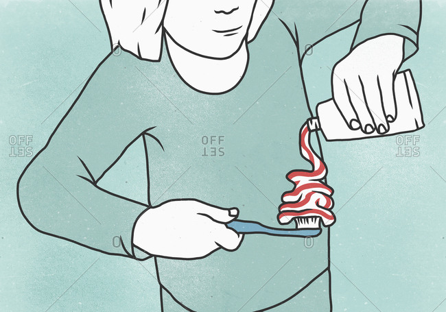 Illustration of woman putting toothpaste on toothbrush