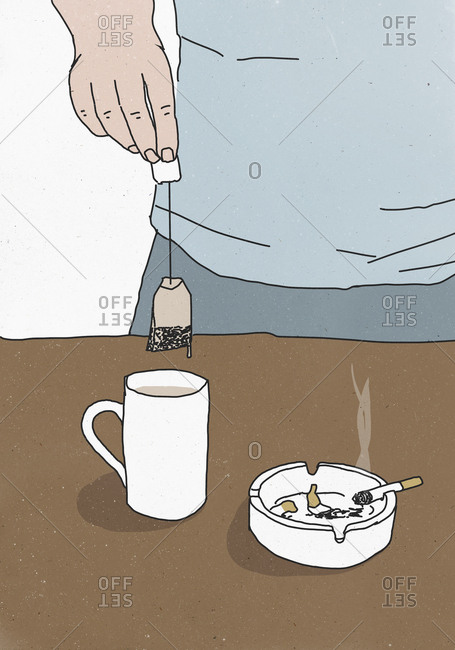 Illustration of man holding teabag above cup by ashtray on table