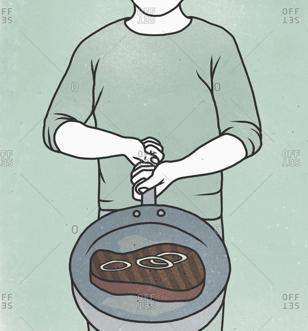 Illustration of man cooking steak in frying pan
