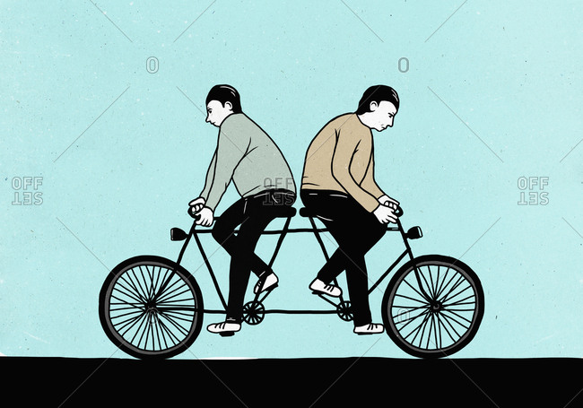 Illustration of male friends riding tandem bicycle in opposite directions