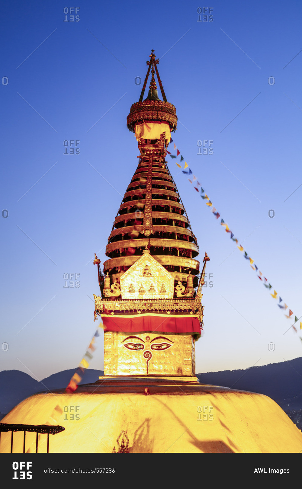 Swayambhunath temple (also known as Monkey temple) at sunset, Kathmandu, Nepal