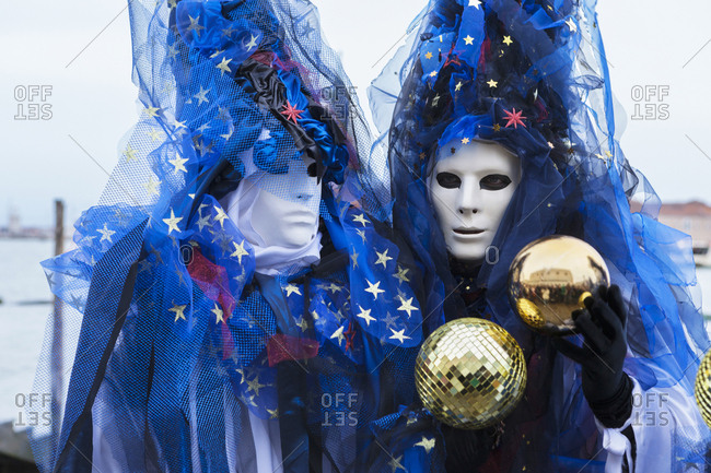 Colorful masks and costumes of the Carnival of Venice, famous festival worldwide, Venice, Veneto, Italy, Europe