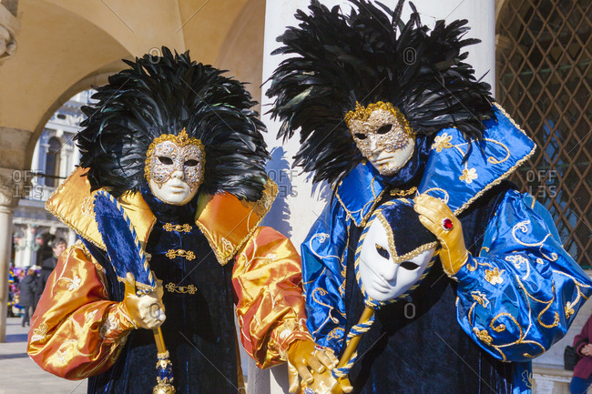 Colorful masks and costumes of the Carnival of Venice, famous festival worldwide, Venice, Veneto, Italy, Europe