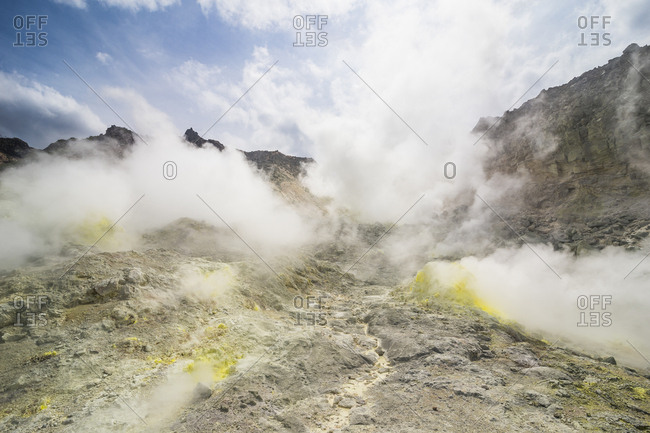 Sulphur pieces on Iozan (sulfur mountain) active volcano area, Akan National Park, Hokkaido, Japan, Asia