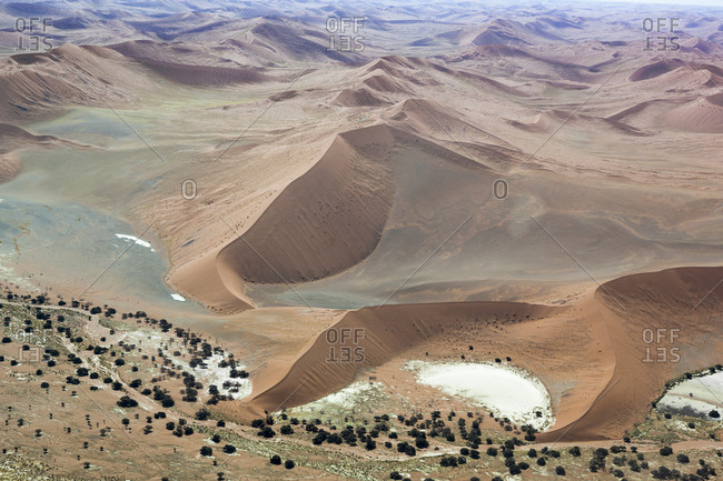 Africa, Namibia, Namib-Naukluft National Park, Sossusvlei. Aerial view of the red dunes in Sossusvlei.