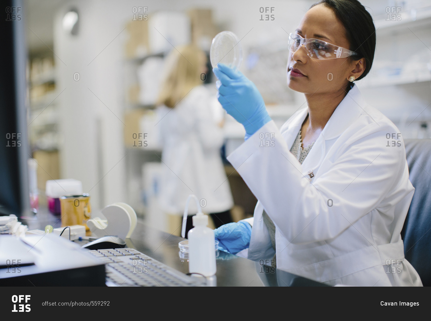 Female doctor examining petri dish at desk with coworker in background at medical room