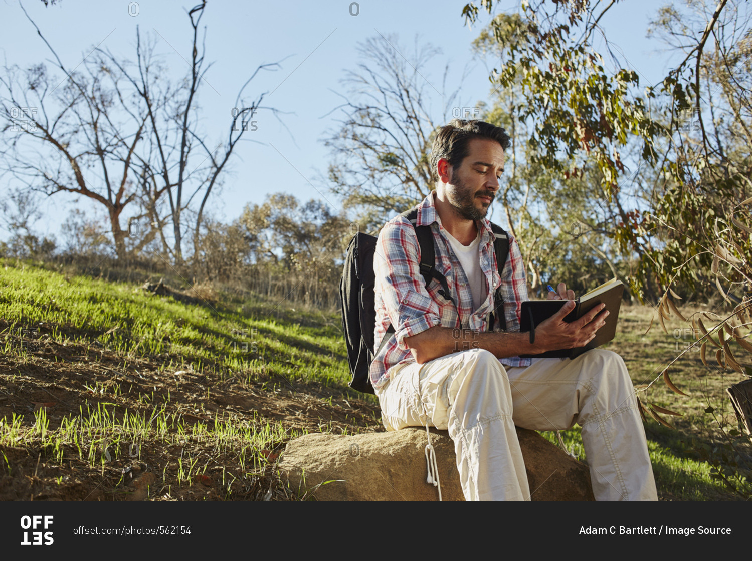 Mid adult man hiking, sitting on boulder reading book