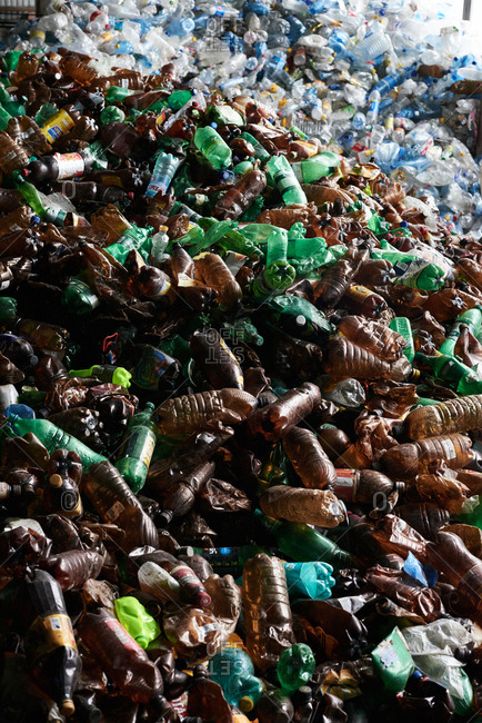 Chelyabinsk region,  Russia - March 31, 2017: Secondary raw material. Pile of empty plastic bottles lying at garbage recycling plant