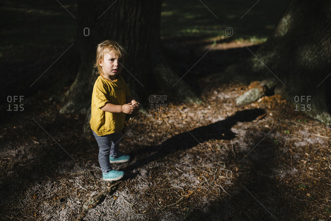 Toddler standing in a patch of light at a park holding a stick