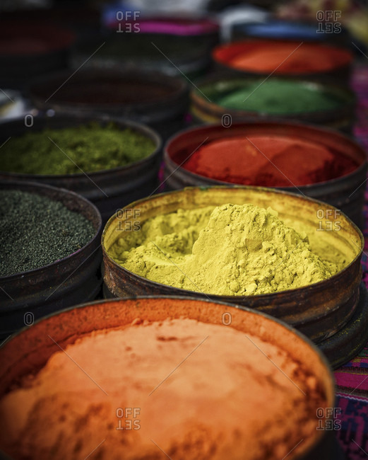 Multi-colored Fabric Natural Dyes In Pisac Market, Cuzco, Peru