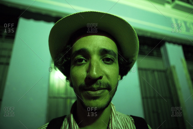 Man In Green Light In Brazilian Street Stock Photo Offset