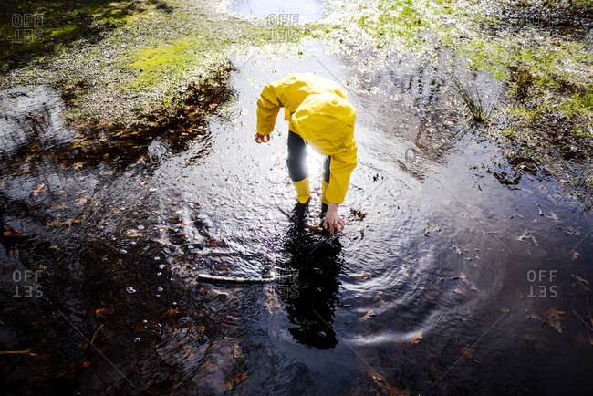 Boy in yellow anorak bending forward in park puddle