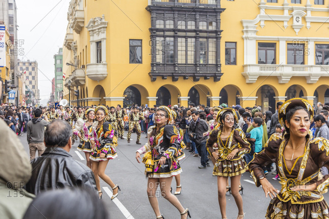 Lima, Peru - August 7, 2016: Dancers performing in a parade in the streets of Lima, Peru