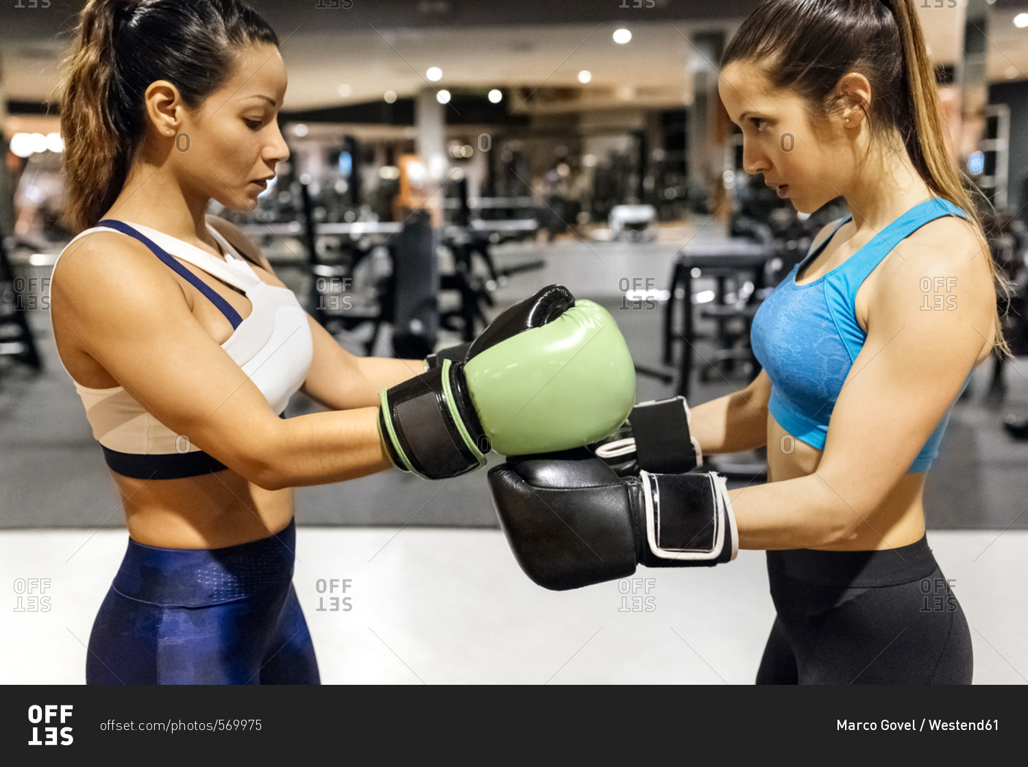 Two women preparing for a boxing match in gym