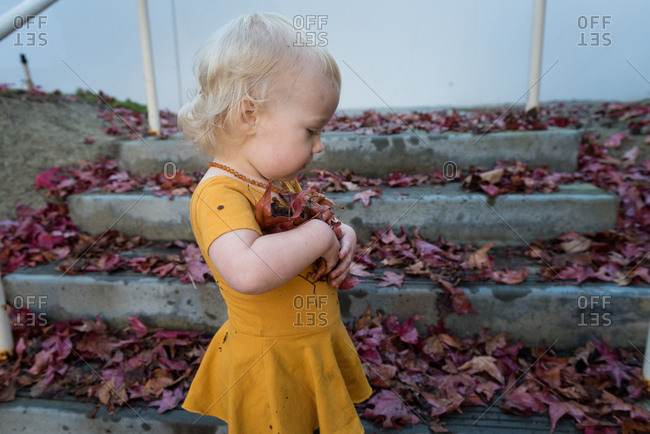 Little girl standing on steps holding a handful of autumn leaves
