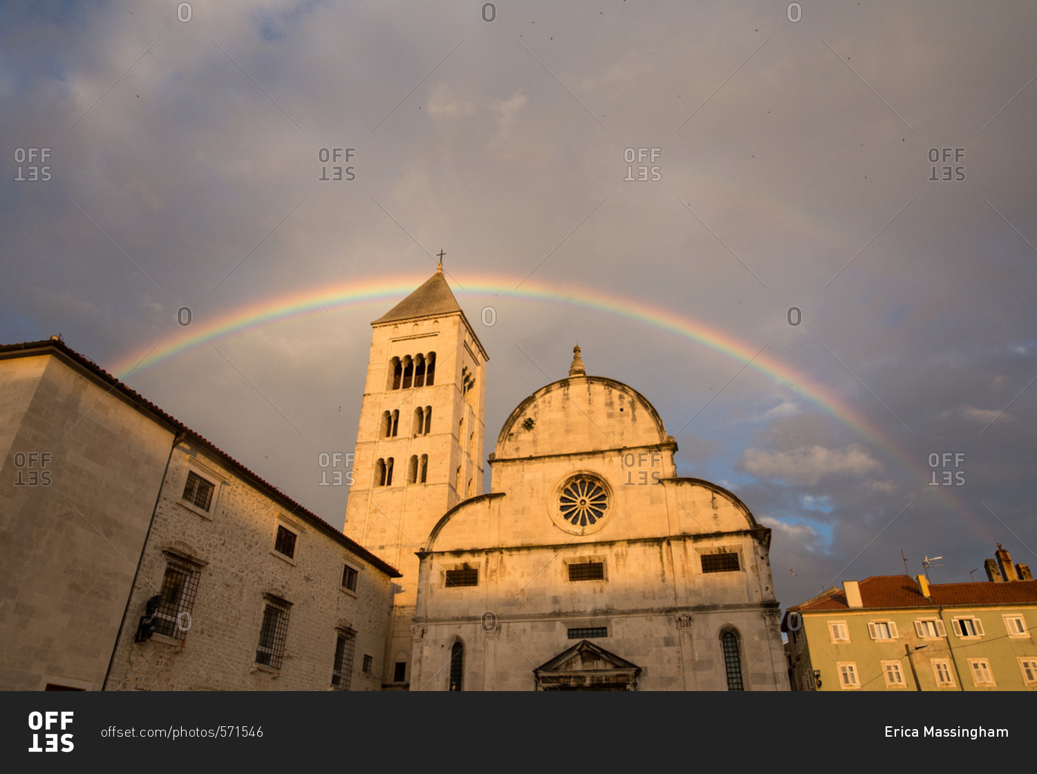 A late afternoon rainbow over the town of Zadar, Croatia