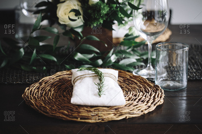 Place Setting With Wicker Placemat Stock Photo Offset