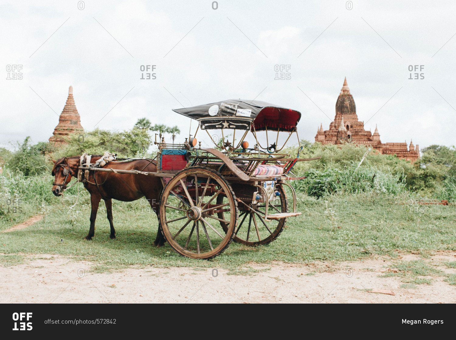 Horse-drawn carriages by temples in Bagan, Myanmar