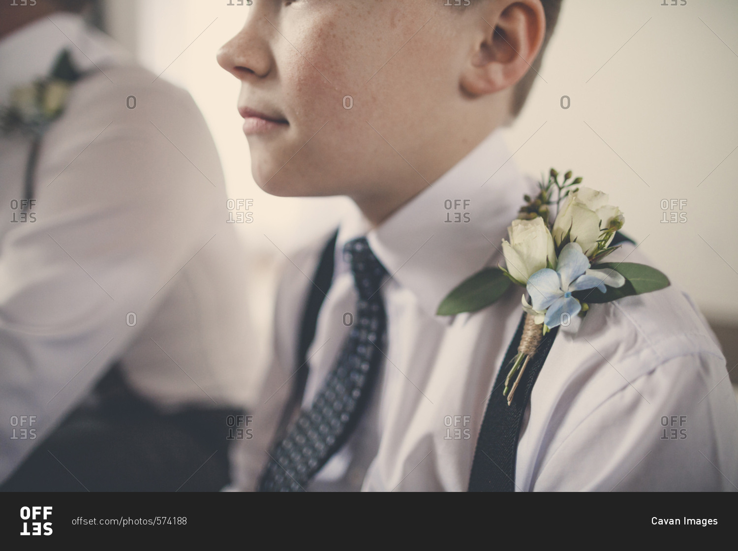 Close-up of pageboy with flowers on suspender sitting by bridegroom at home