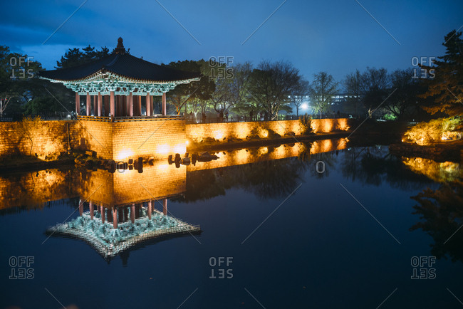 South Korea- Gyeongju- Donggung Palace and Wolji Pond- lit up pavilions at evening