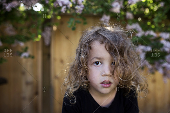 Toddler Boy With Curly Blonde Hair And Brown Eyes Outdoors Stock