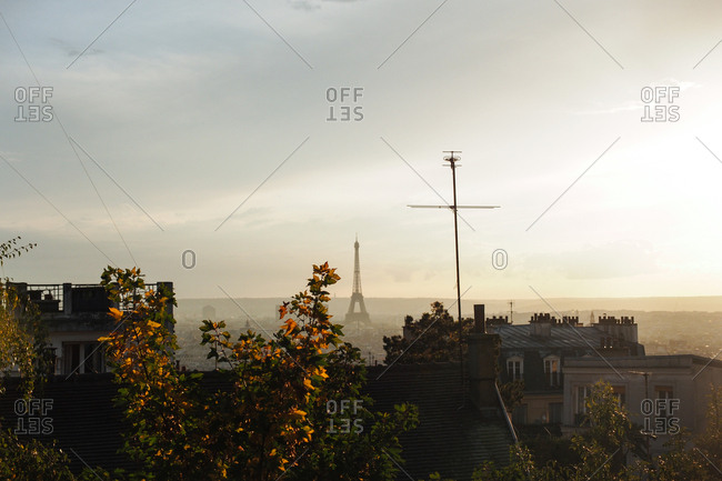 Eiffel Tower in foggy distance, Paris