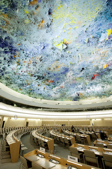 Geneva - Switzerland, February 27, 2014: The Spanish painter Miquel Barcelo is the artist behind the colorful ceiling of the Human Rights and Alliance of Civilizations Room (Room XX) at the United Nations Office in Geneva, the Palais des Nations: The stalactite forms are inspired by nature