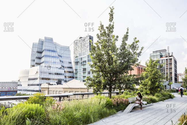 USA, New York, New York City - June 12, 2017: Meatpacking District, High Line Elevated Park, the IAC Building in the background