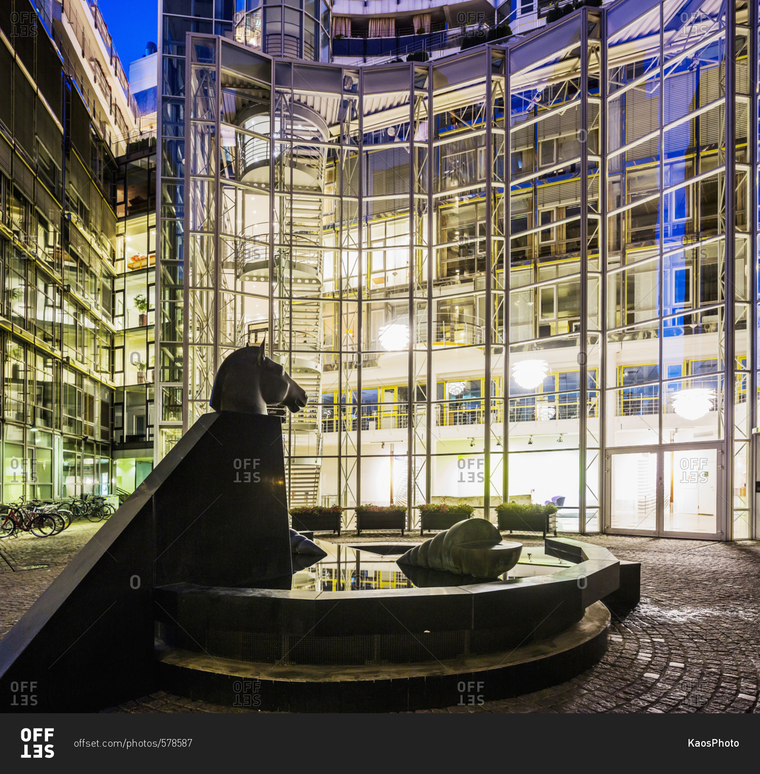 Norway, Oslo - June 12, 2017:  Tjuvholmen (New Harbourfront), fountain near some office buildings