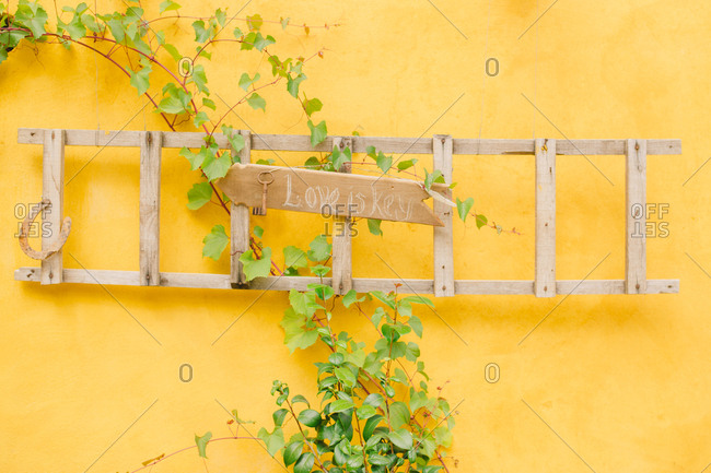 Wood sign on ladder decorating wall