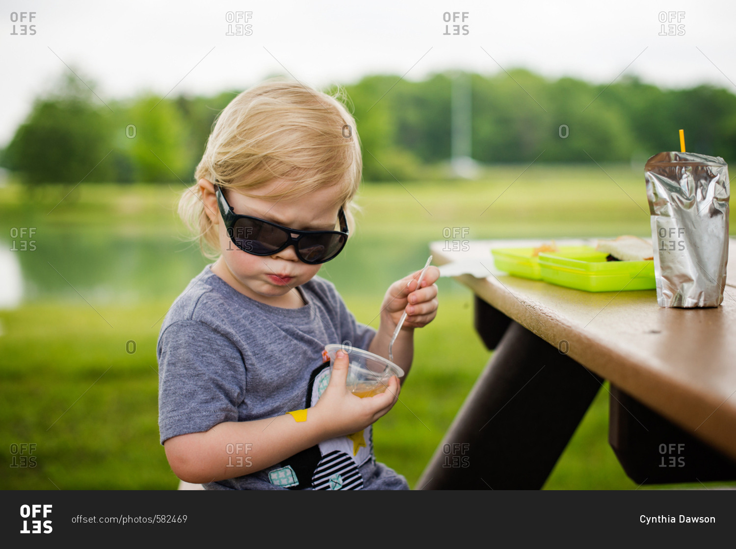 Toddler boy wearing sunglasses eating at picnic table