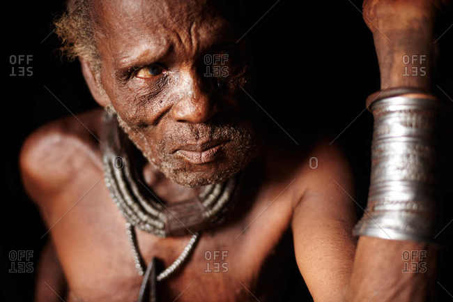 Kunene, Namibia - March 20, 2016: A village elder in a Himba village in a northern region of Namibia
