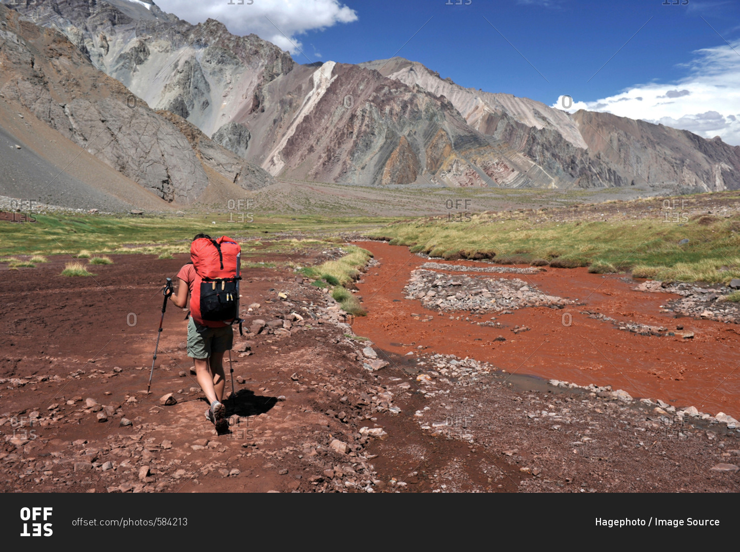 Woman descends the Horcones Valley from Plaza de Mulas on Aconcagua in the Andes Mountains, Mendoza Province, Argentina