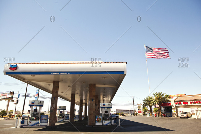 Las Vegas, United States of America - August 16, 2011. A Chevron petrol station with the Stars and Stripes in Las Vegas