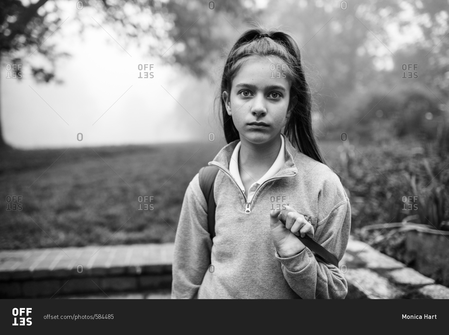 Tween girl before school in black and white