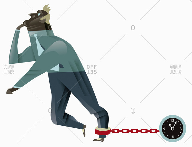 Businessman pulling clock-shaped ball and chain