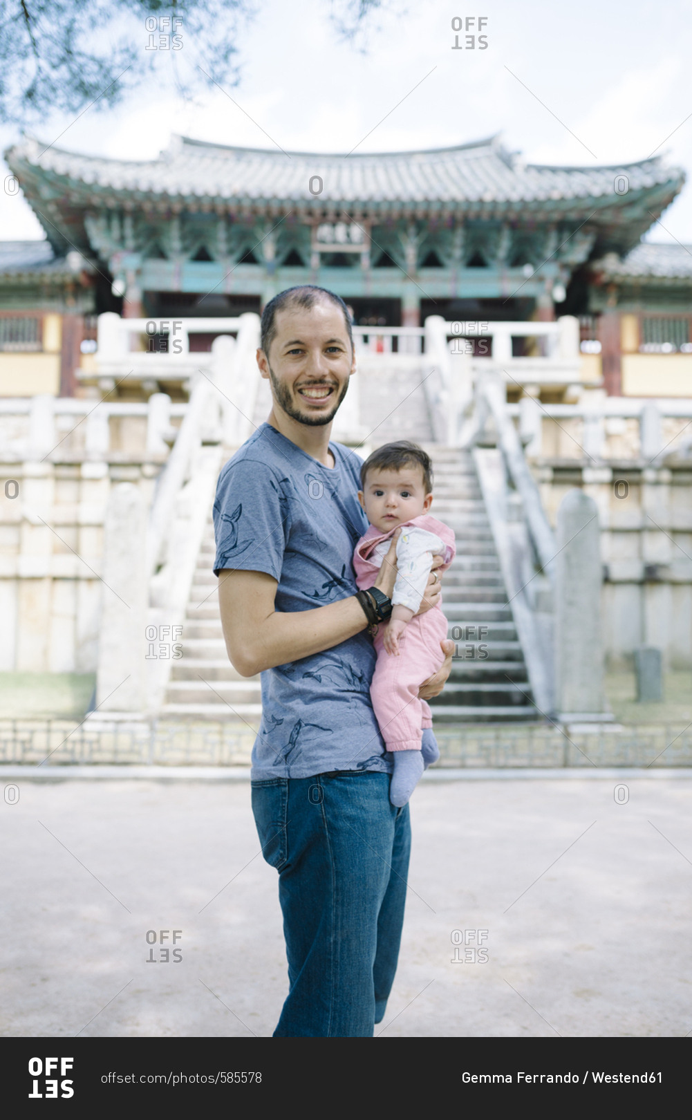 South Korea- Gyeongju- father traveling with a baby girl in Bulguksa Temple
